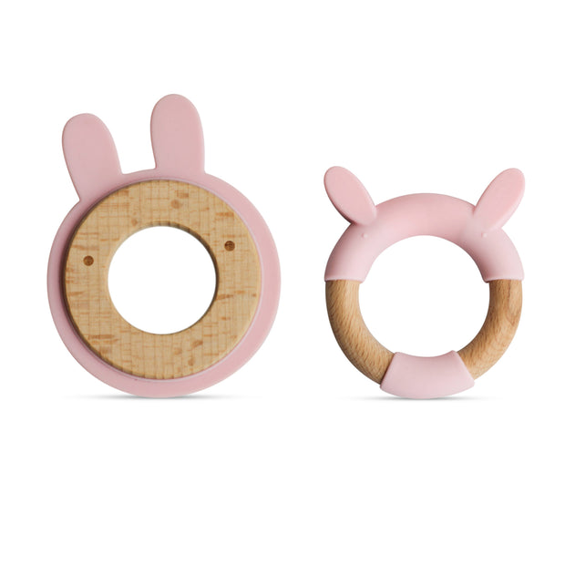BooginHead Silicone & Wood Teething Rings, Pink Bunny