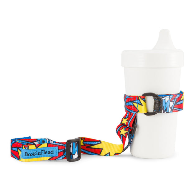 BooginHead SippiGrip in Bam! with adjustable strap. Keep bottles and sippy cups clean and off the floor with the cup holders. Attaches toddler sippy cups, bottles or toys to a highchair or stroller. 