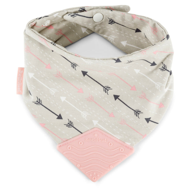 showing BooginHead Bandana teether bib with snaps pink and gray arrows pink silicone teething piece