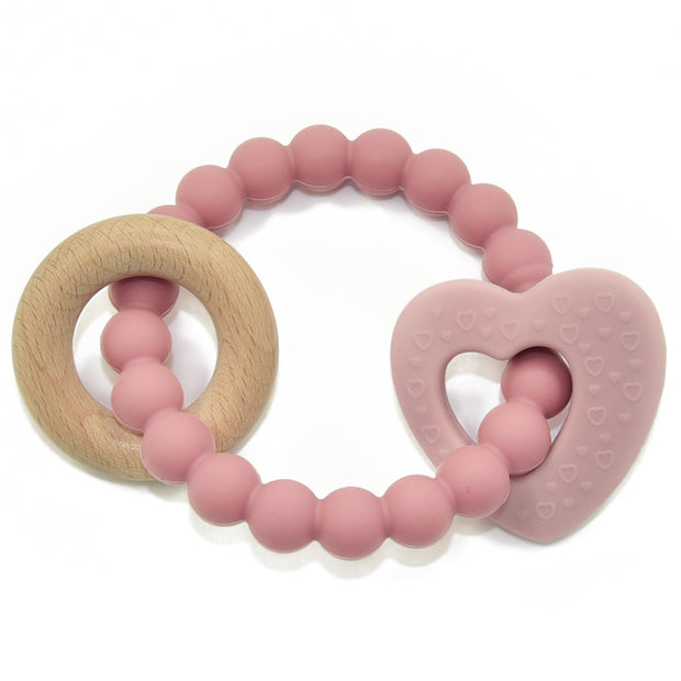 BooginHead silicone & wood teether, pink heart